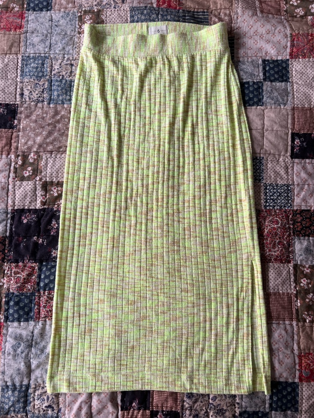 Lou & Grey Neon Green Space Dye Ribbed Knit Midi Skirt with Slit